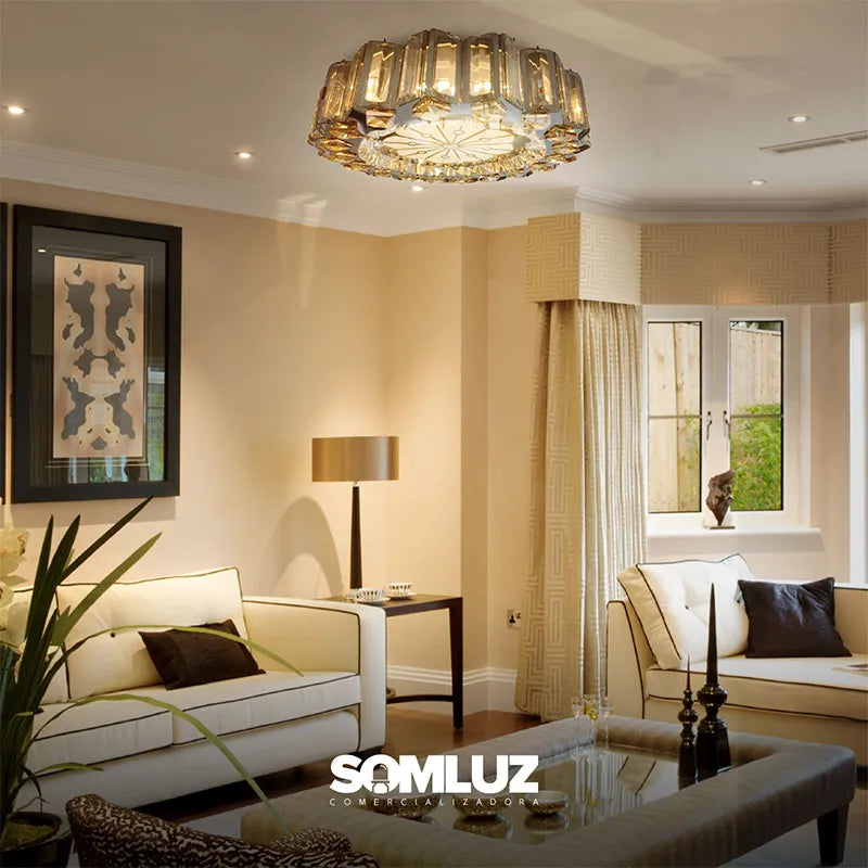 Plafón Cristal Led 96w Redondo 50cm 3 Tonos de Luz Atenuable con control remoto SomLuz