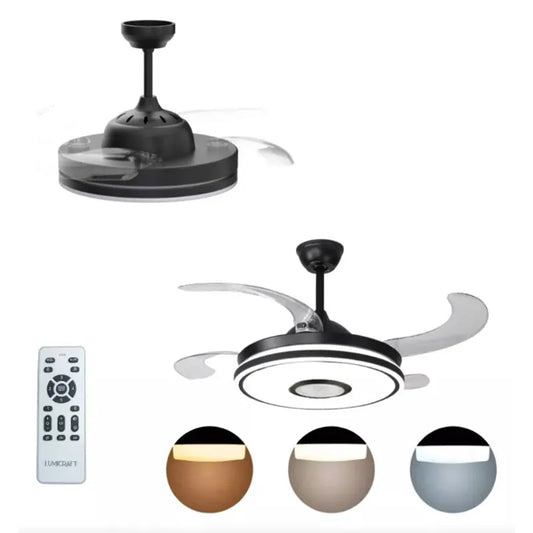Lampara de Techo Led con Ventilador 40w con Aspa Retráctil 3 Tonos de Luz Atenuable y Bocina vía Bluetooth con Control Remoto Lumicraft