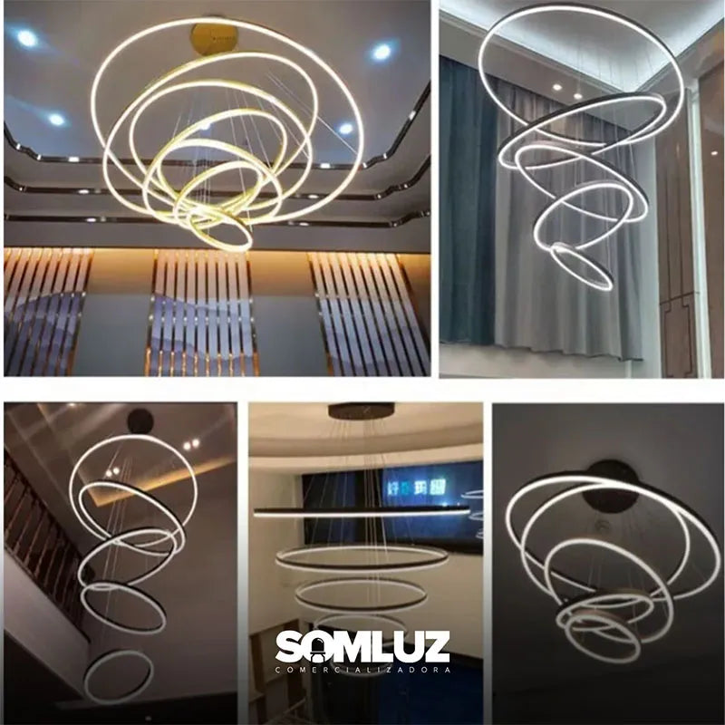 Candil Colgante 5 Aros de Led 100w 3 Tonos de Luz Atenuable con Control Remoto SomLuz