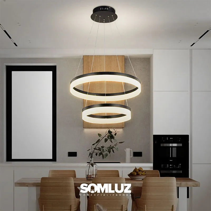 Candil Colgante Led de Cristal 100w 2 Aros 3 Tonos de Luz Atenuable con Control Remoto SomLuz