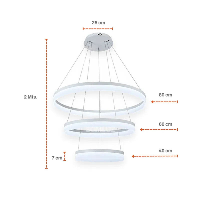 Candil Colgante Led de Cristal 100w 3 Aros, 3 Tonos de Luz Atenuable con Control Remoto SomLuz