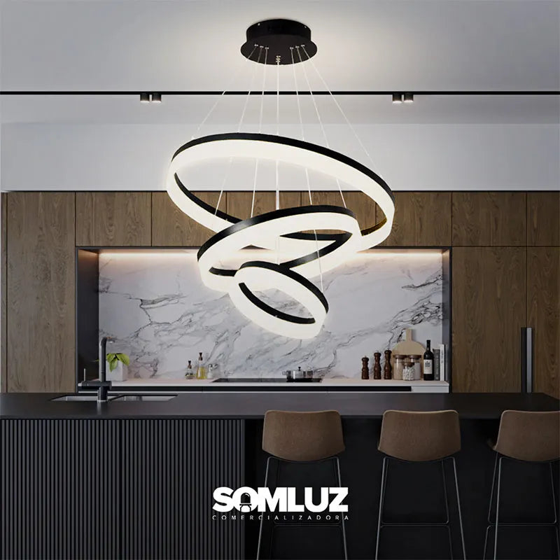 Candil Colgante Led de Cristal 100w 3 Aros, 3 Tonos de Luz Atenuable con Control Remoto SomLuz