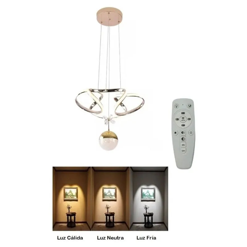 Lámpara Led Colgante Moderna Plata 3 Tonos + Control Remoto