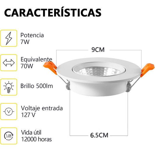 7W Empotrado Spot Led Dirigible Luz Blanca Fría 6500k 10 Pzs - THSB7W