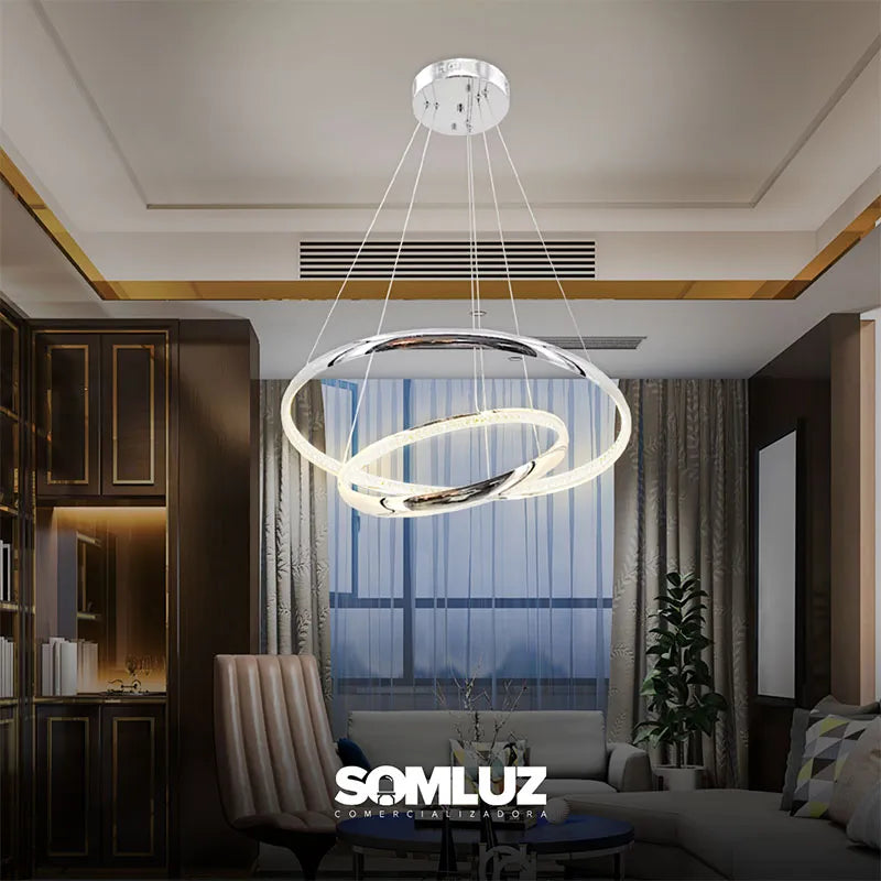 Candil Colgante Led de Cristal 100w 2 Aros 3 Tonos de Luz Atenuable con Control Remoto SomLuz
