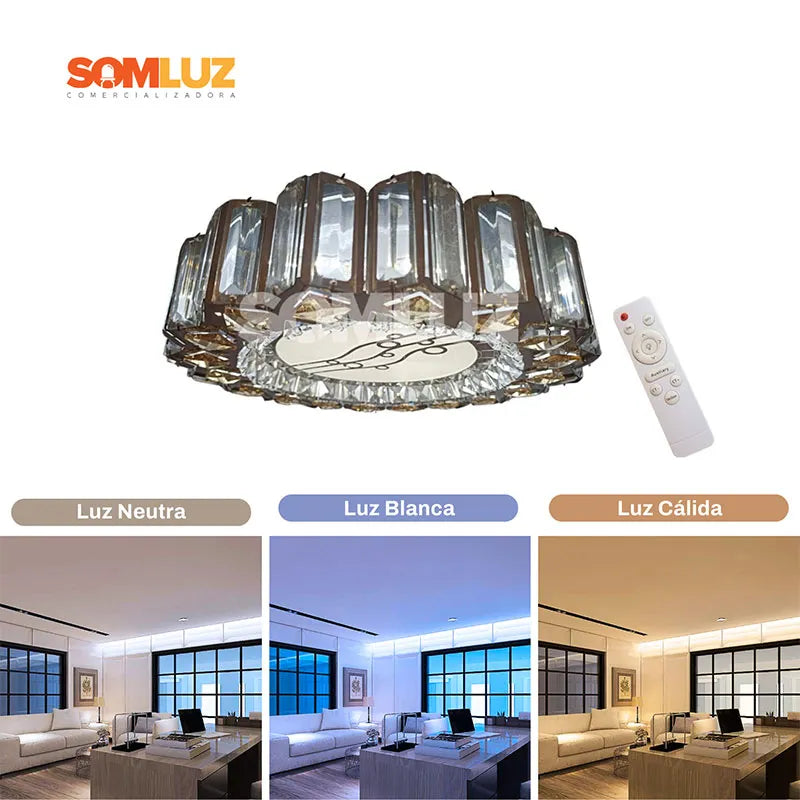 Plafón Cristal Led 96w Redondo 50cm 3 Tonos de Luz Atenuable con control remoto SomLuz
