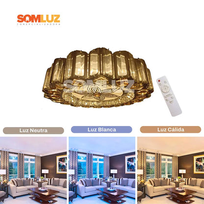 Plafón Cristal Led 96w Redondo 50cm 3 Tonos de Luz Atenuable con control remoto SomLuz
