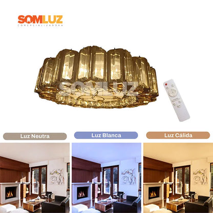 Plafón Cristal Led 96w Redondo 3 Tonos de Luz Atenuable con control remoto SomLuz