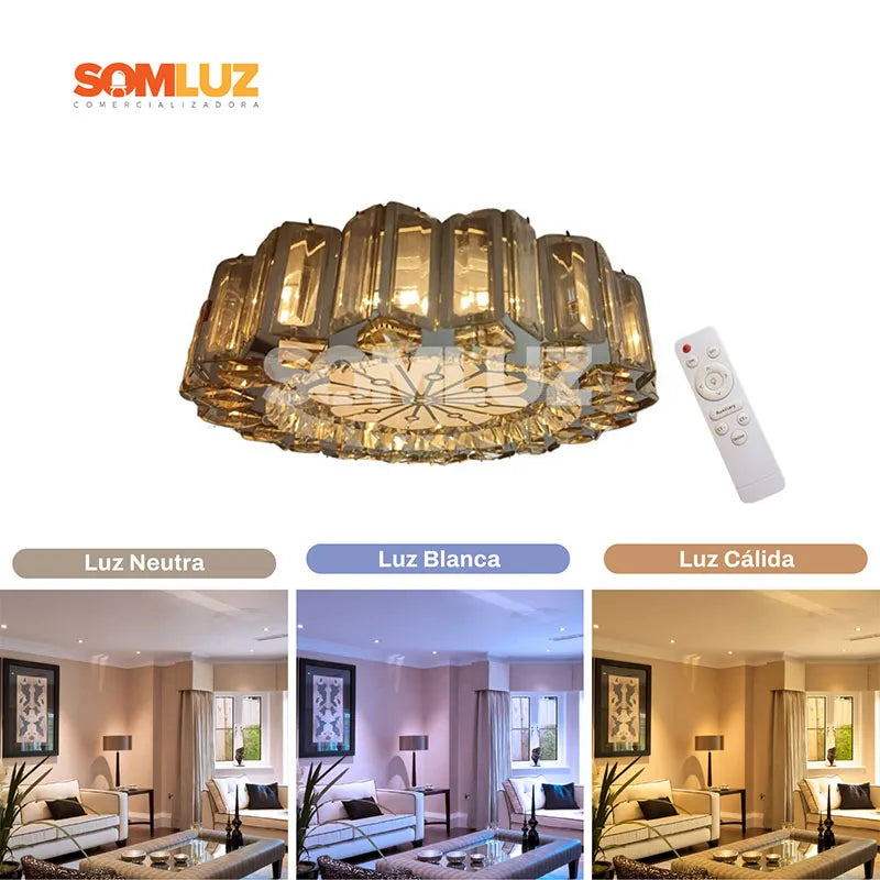 Plafón Cristal Led 96w Redondo 50cm 3 Tonos de Luz Atenuable con control remoto SomLuz