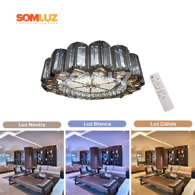 Plafón Cristal Led 96w Redondo 50cm 3 Tonos de Luz Atenuable con control remoto SomLuz