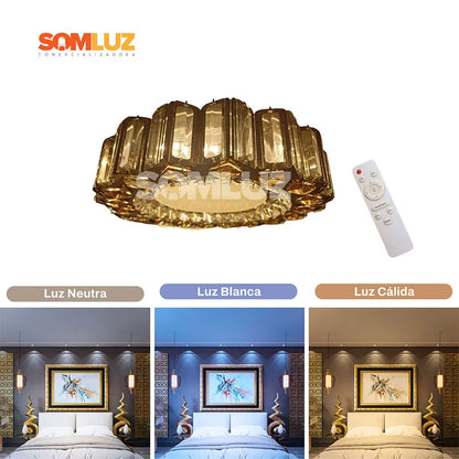 Plafón Cristal Led 96w Redondo 50cm 3 Tonos de Luz Atenuable con control remoto SomLuz
