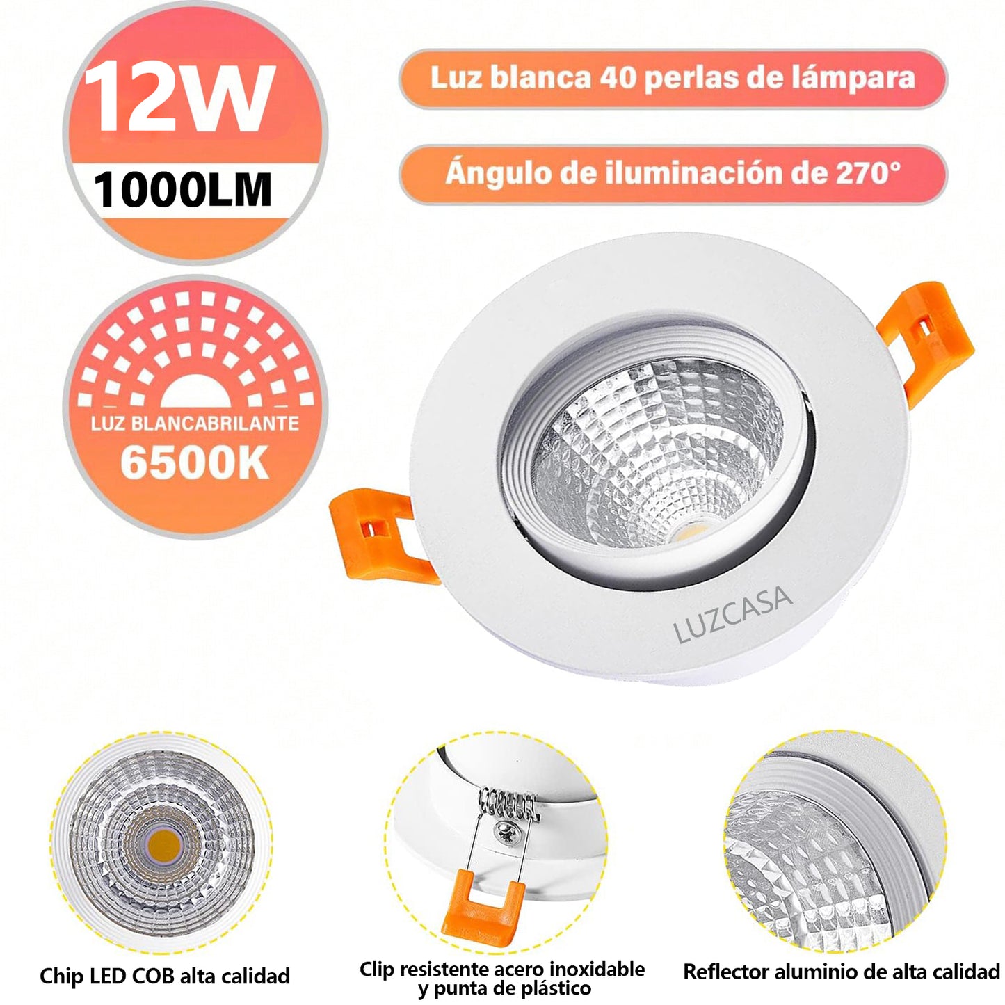 LUZCASA Empotrado Spot Led 12w Dirigible Luz Blanca Fría 6500k - THSB12W