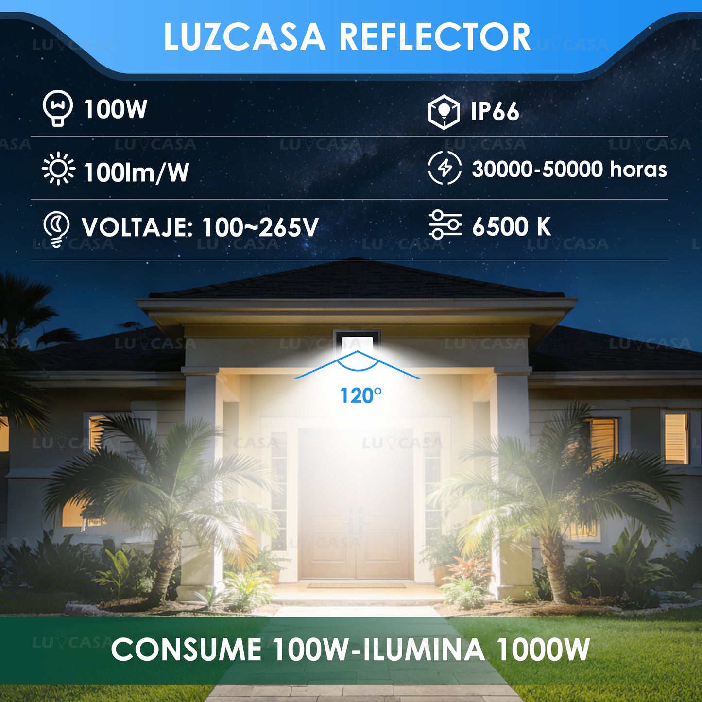 Reflector Led 100W Lampara Exterior IP66 Luz Blanco fria 10000LM XPG100W