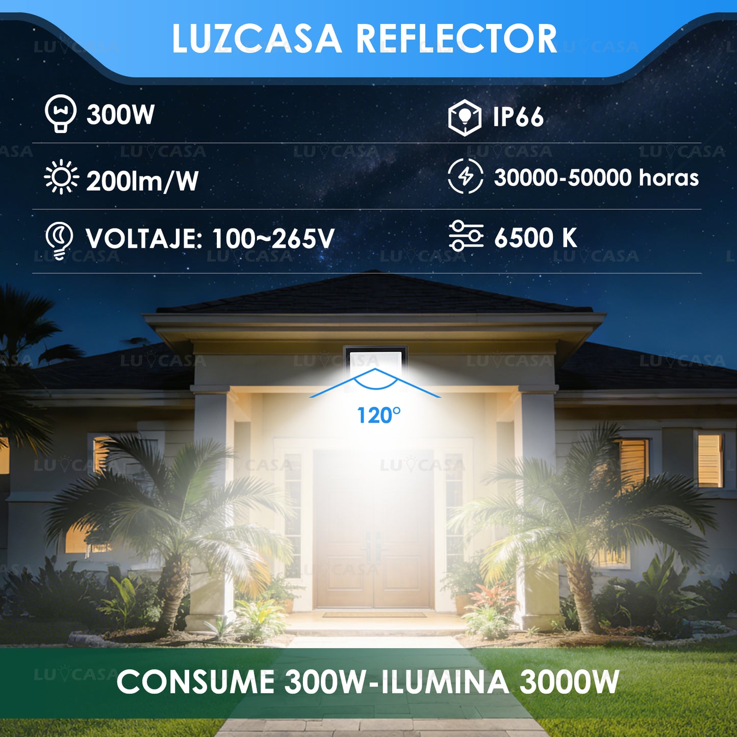 Reflector Led 300W Lampara Exterior IP66 Luz Blanco fria 30000LM XPG300W