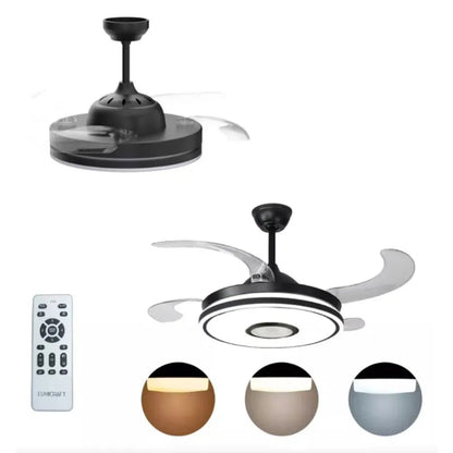 Lampara de Techo Led con Ventilador 40w con Aspa Retráctil 3 Tonos de Luz Atenuable y Bocina vía Bluetooth con Control Remoto Lumicraft