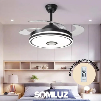 Lampara de Techo Led con Ventilador 40w con Aspa Retráctil 3 Tonos de Luz Atenuable y Bocina vía Bluetooth con Control Remoto Lumicraft
