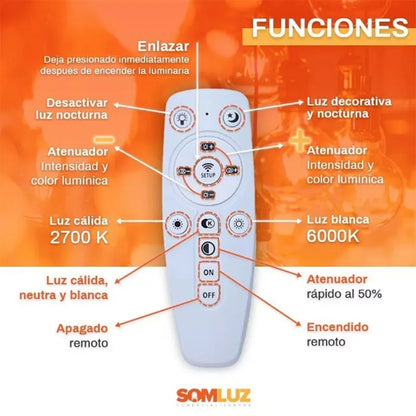 Lámpara Plafón Led 100w Minimalista Doble Aro 3 tonos de Luz Atenuable con control remoto SomLuz