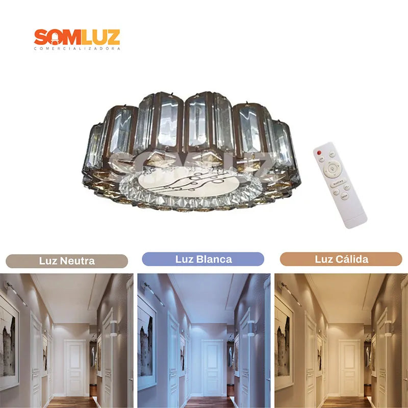 Plafón Cristal Led 48w Redondo 30cm 3 Tonos de Luz Atenuable con control remoto SomLuz