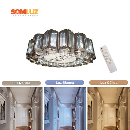 Plafón Cristal Led 48w Redondo 30cm 3 Tonos de Luz Atenuable con control remoto SomLuz