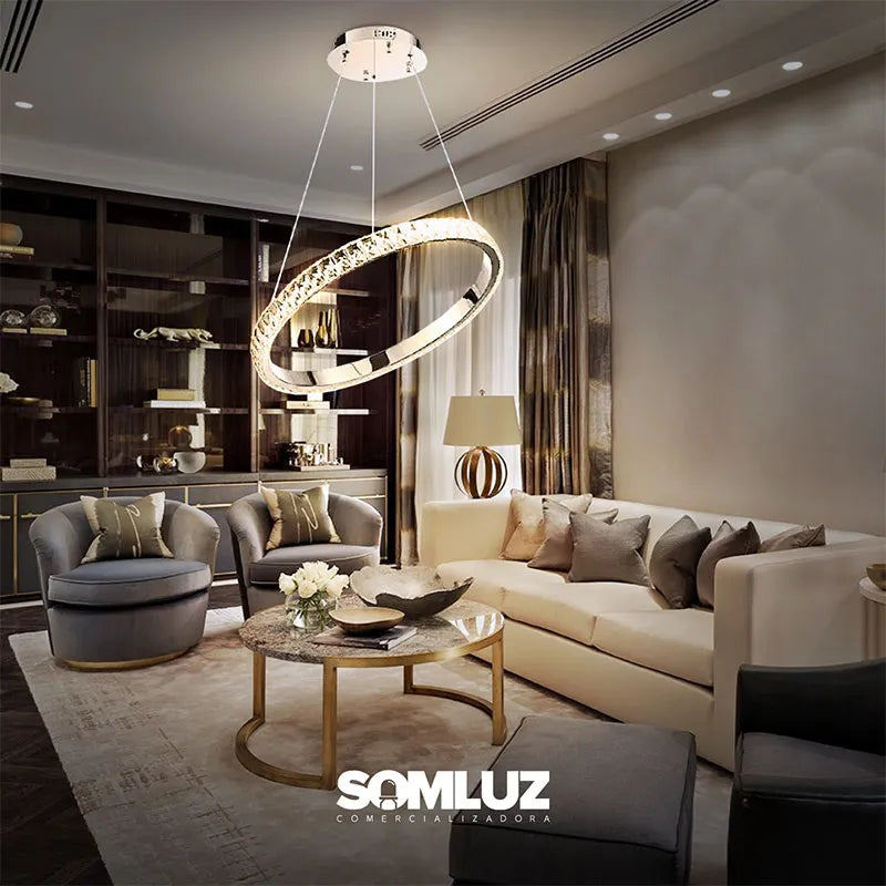 Candil Colgante Led de Cristal 100w 1 Aro, 3 Tonos de Luz Atenuable con Control Remoto SomLuz