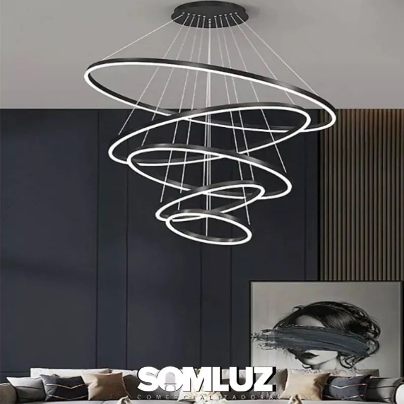 Candil Colgante 5 Aros de Led 100w 3 Tonos de Luz Atenuable con Control Remoto SomLuz