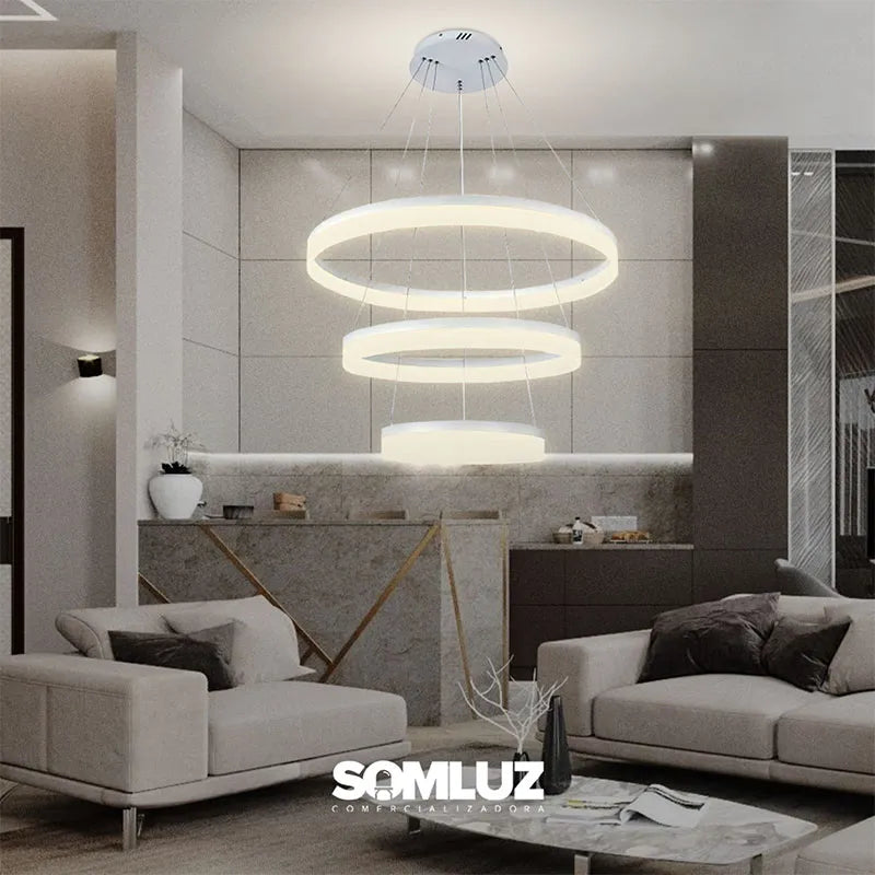 Candil Colgante Led de Cristal 100w 3 Aros, 3 Tonos de Luz Atenuable con Control Remoto SomLuz