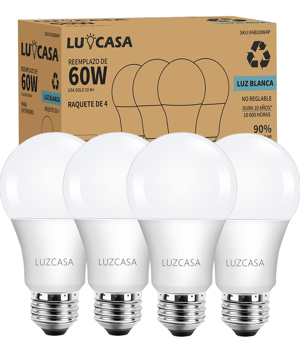 LUZCASA Focos LED E26 10W 810lm Luz Blanco Frío Paquete 4 Unidades