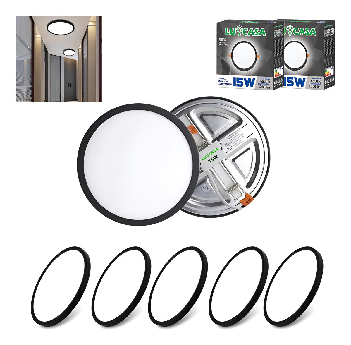 PLAFÓN PARA EMPOTRAR 15W AJUSTABLE LUZ BLANCO MARCO NEGRO