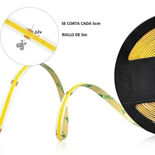 Tira Luz Led COB 12v Interior Luz Cálida o Luz Blanca 5m IP20 Lumicraft