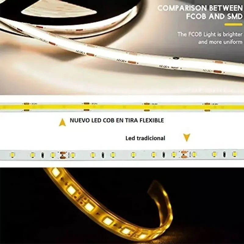 Tira Luz Led COB 12v Interior Luz Cálida o Luz Blanca 5m IP20 Lumicraft