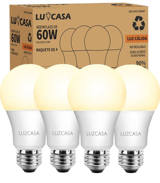 LUZCASA Focos LED E26 10W 810lm Luz Blanco Calida Paquete 4 Unidades